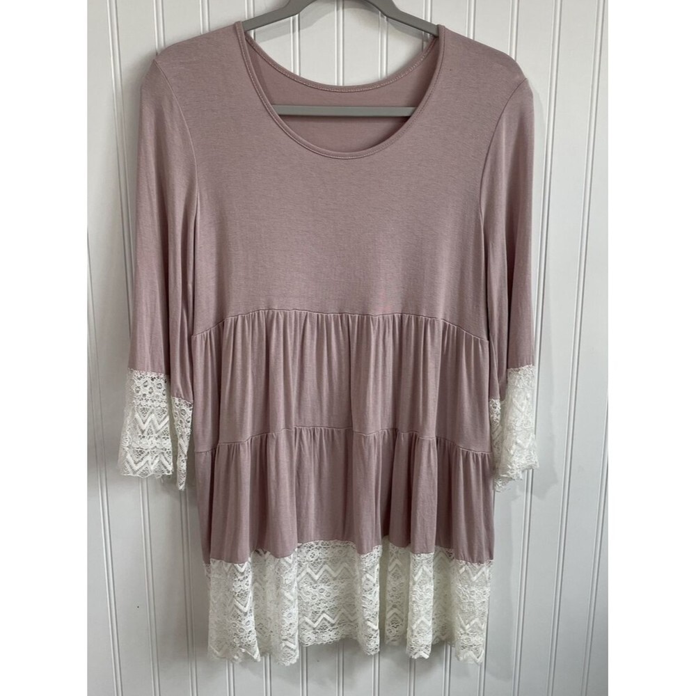 Womens Shirt Medium Pink with Ivory‎ Lace Trim Tiered Babydoll Tunic Top